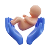 Icono diagnóstico prenatal. 3D. CUN Icono en 3D de un bebé en color piel clara sostenido por unas manos en color azul