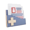 Icono historial médico. 3D. CUN Icono en 3D de una carpeta con una cruz en la parte inferior que contiene documentación relativa al historial de un paciente