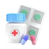 Icono medicamentos. 3D. CUN Icono de blíster con cuatro comprimidos verdes, bote de plástico de medicación etiquetado con una cruz roja y dos cápsulas, una en tonos azules y otra en rosas.