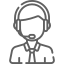 Icono de color gris con imagen de silueta cabeza y torso de hombre con pelo corto, camisa, corbata y auriculares con micrófono