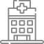 Imagen de tamaño pequeño en color gris de un icono de un hospital